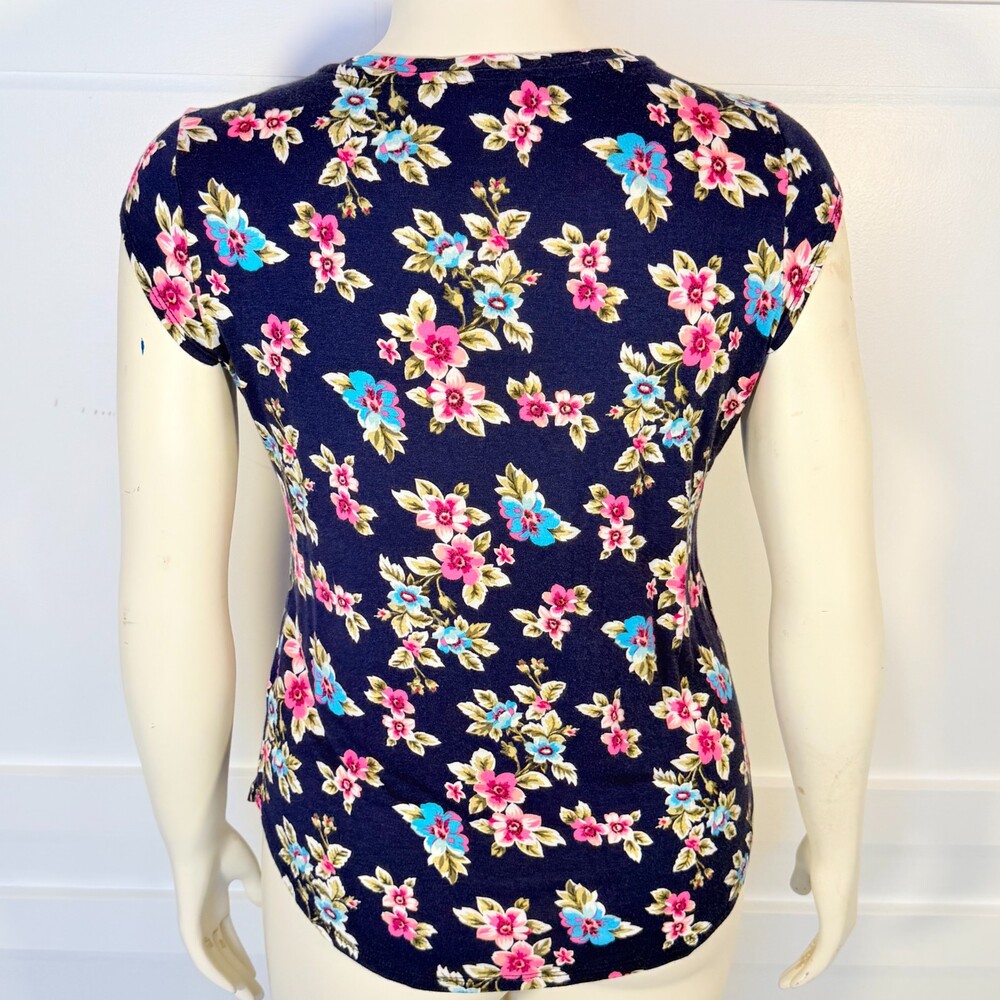 Blue Sol Tee Shirt Women's PL Navy Pink Blue Floral Cap Sleeve Crew Neck - Picture 4 of 8